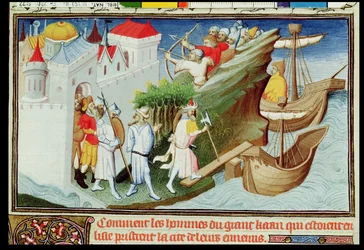 Pani Fr 2810 f.72, Żołnierze Wielkiego Chana zdobywają wyspę Sypangu, z „Livre des Merveilles du Monde”, c.1410-12 (tempera on vellum) (patrz również 220421)